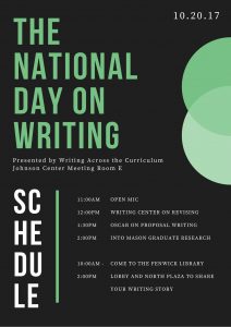 National Day on Writing Schedule - events in JC Meeting Room E and Fenwick Library/North Plaza, 11-2 AM