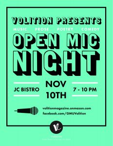 Open Mic Night Nov. 10, JC Bistro, 7–10 PM
